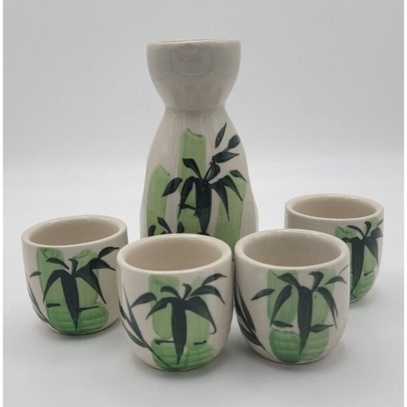 Other - Vintage Ceramic Sake Set – Bamboo Motif Tokkuri with 4 Cups – Japanese Style Sto